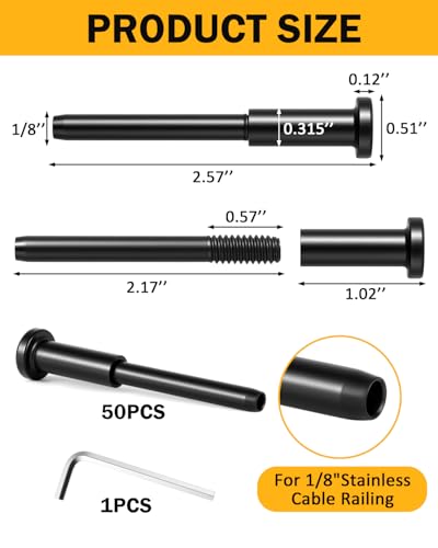 Image of 50 Pack Invisible Cable Railing Kit, T316 Stainless Steel 1 /8 inch Receiver & Swage Stud End, Swage Tensioner for Wood /Metal Posts, Cable Railing Hardware for Deck, Stair, Balcony (Black)