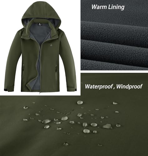 ZITY Jacke Herren Wasserdichte Winterjacke Fleece Kapuzenjacke Hoodie Reißverschluss Mantel mit Taschen Outdoorjacke zum Wandern Camping Angeln,Armeegrün,XL