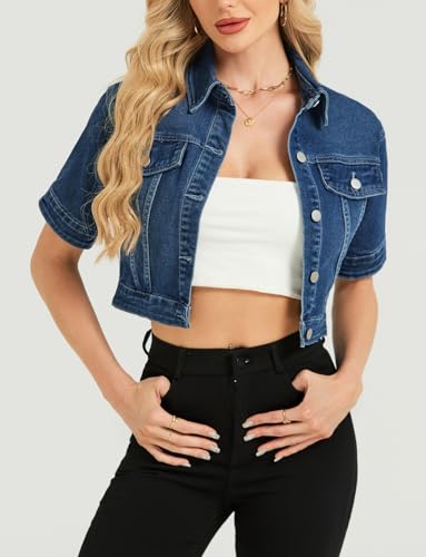LifeShe Women Stretch Cropped Denim Jacket Short Sleeves Button Down Trucker Jean Jackets Coats4