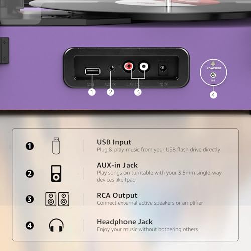 Image of Vinyl Record Player with Built-in Speakers and USB,Belt-Driven Bluetooth Turntable with 3 Speed AUX Input Headphone Jack and RCA Output Vintage Wooden Purple
