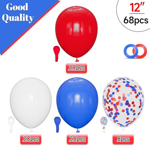 Image of Red White Blue Latex Balloons 68 Pack, 12 Inch Patriotic Balloons with Confetti, Party Decorations for 4th of July, Independence Day, Graduation, Birthday, Air Helium Fill.