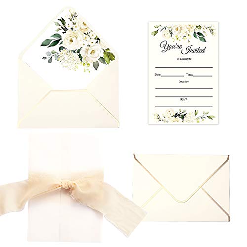 Doris Home 25pcs Fill in Invitations with White Rose Design, Cream Envelopes and Cream Ribbon for Wedding Bridal Shower Baby Shower Birthday Party