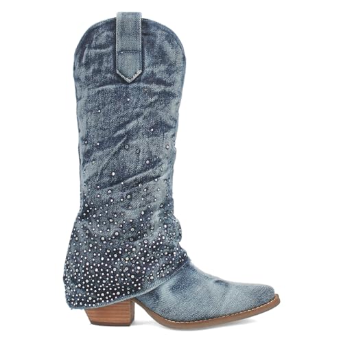 Seborluys Rhinestone Denim Cowboy Boots for Women Sparkly Cowgirl Booties Fold Over Jean Boots for Women Mid-Calf Western Booties3
