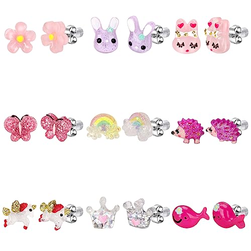 9Pairs Unicorn Rainbow Stud Earrings for Girls, Multicolor, Assorted Styles Cute Multiple Animal Toddler Girls Butterfly Flower Earrings