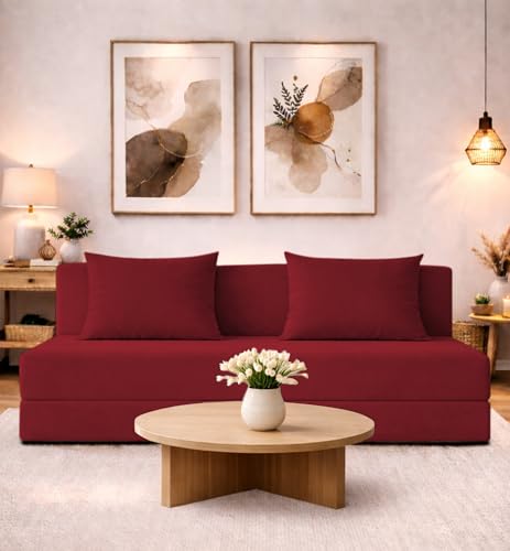 Image of Adorn India Easy 4 Seater Sofa Cum Bed | Velvet Fabric | Red | Plain Design | 6x6 Ft | Comfortable Seating | Washable Cover | Perfect for Home & Office