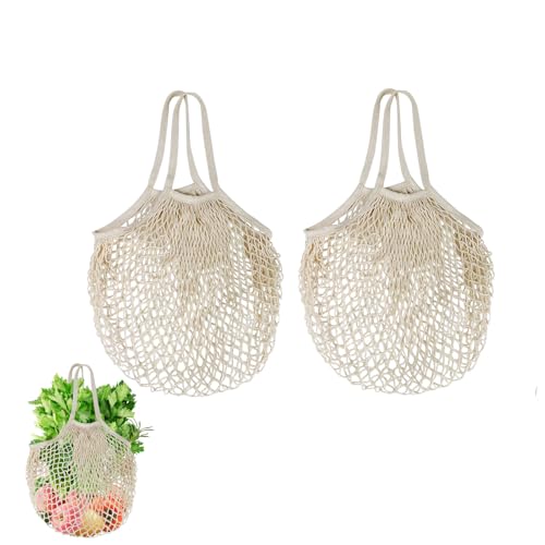 Borsa Rete Spesa,2 Pezzi Sacchetti in Rete per la Spesa Cotone con Maniglie,Riutilizzabili Portatile e Lavabile Borsa Spesa per Frutta e Verdura(Beige)