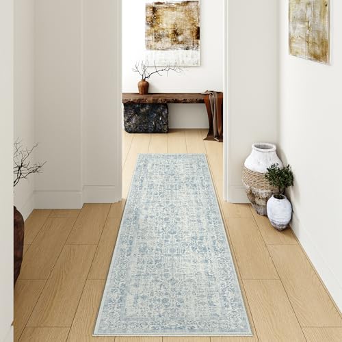 HUGEAR Vintage Blau Waschbarer Teppich 60x180cm LäUfer Flur rutschfest Weich Vorzimmer Tepich Kurzflor Schlafzimmer Retroteppiche KüChe Bedroom Brücken Hallway Carpet