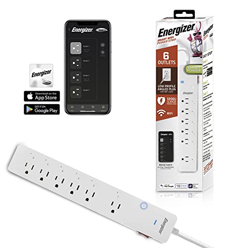 Energizer Connect 6 Outlet Smart Surge Protector, 1,200 Joules, Remote Access/Custom Schedules, Compatible with Alexa/Siri/Google Assistant, Low Profile Angled Plug, 3ft Cord, Connect to Your Wi-Fi