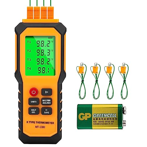 YZTMETER 4-Channel K-Type Temperature Thermometer with LCD Backlight Measurement Range- 328℉-2501℉,YMZMeter Data Logger Comes 4 PCS Thermocouple Probe Sensor -104℉-752 ℉ 9V Battery Included.