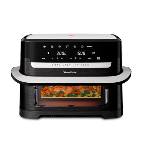 Moulinex Dual Easy Fry Flex Friggitrice ad Aria con Divisore, 2 Scomparti, FlexCook Technology, 2 resistenze superiori, Capacità fino a 9L/2,5kg, 8 Persone, 2700W, 7 Programmi, App My Moulinex, EZ9228