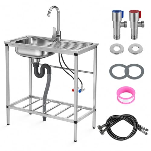 Outdoor Sink with Hose Hook Up, Freestanding Stainless Steel Utility Sink, 29.5 Inch Single Bowl Garden Sink Station with Hot and Cold Faucet, Drainboard and Storage Shelf for Garage Backyard (MAX)