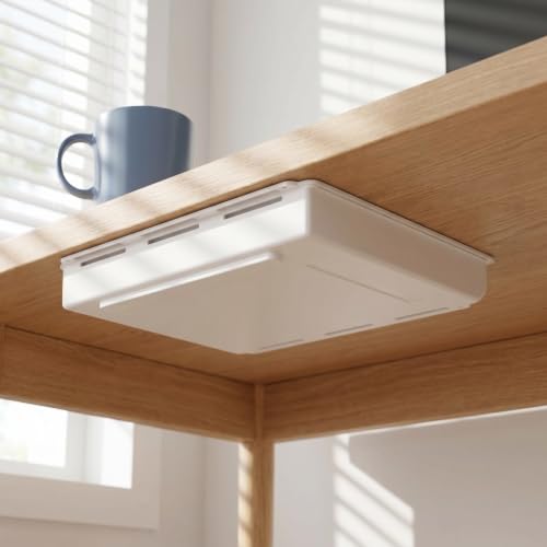 2 piezas cajones bajo escritorio para suministros de oficina con instalación autoadhesiva, organizador compacto de plástico blanco para estación de trabajo y uso en oficina miniatura 6