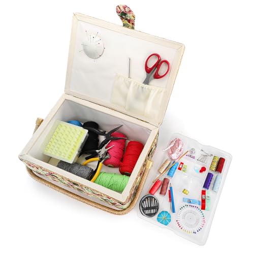 ZOOFOX Large Sewing Basket, Vintage Wooden Sewing Box with Removable Tray, Rose Floral Print Design Sewing Kit Storage Box for Sewing Mending, Beginner, Professional, No Accessories