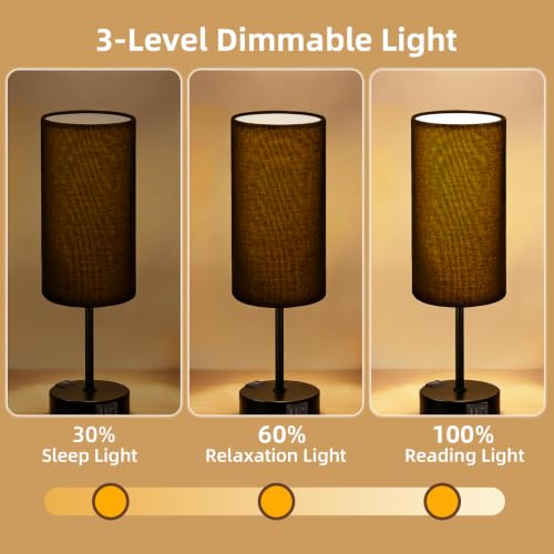 Image of Bedside Table Lamp, Dimmable Touch, AC Outlet, USB A+C (Black) | 3-Way Dimmable, Small Touch Lamp with Eye-Care LED Bulb, Ideal Soft Lighting for Nightstand, Bedroom, Reading, Living Room