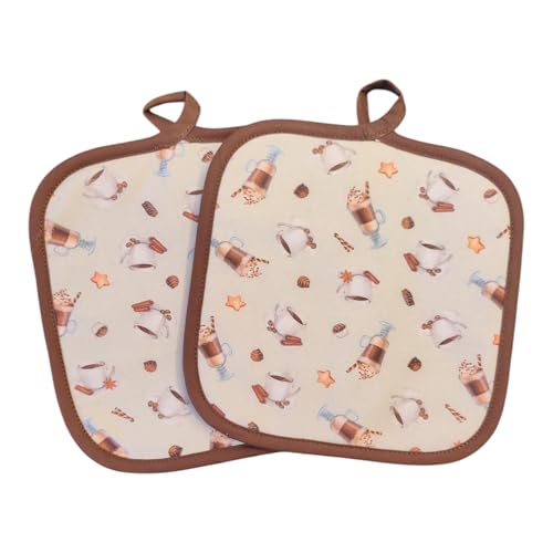 Set da 2 presine da cucina 19CM*19CM in 100% cotone, fantasia caffè, tessuto imbottito, realizzato in Italia, prodotto artigianale. (MARRONE)