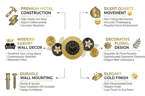 Image of Large Decorative Wall Clock for Living Room,Metal & Home Decor Silent Non Ticking Lightweight Clocks for Bedroom, Study, Office Decorations (MO-12)