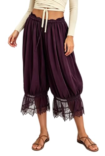 Image of UAURORAO Women Lace Trim Bloomer Pants Flowy Culottes Pantaloons Bloomers
