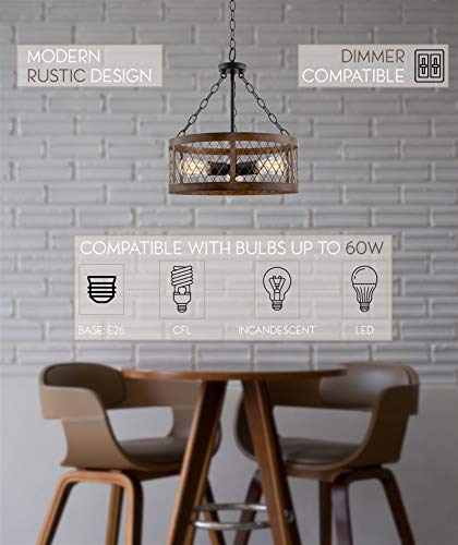 Kira Home Warwick 18.5" Modern Rustic 3-Light Chandelier + Wood Style Metal Lattice Shade, Black Accents + Walnut Style Finish #TOP29