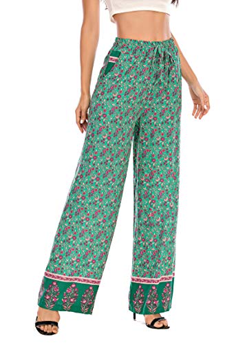 Love Welove Calça feminina de verão com elástico e cintura alta estampada Boho Hippie Palazzo Plus S