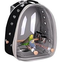 Bird Traval Carrier Cage, Multi Vent Holes Clear Space Capsule Astronaut Backpack to Carry Parakeet Cockatiel Parrot with Metal Tray Wood Perch, Vet Transport Book Bag
