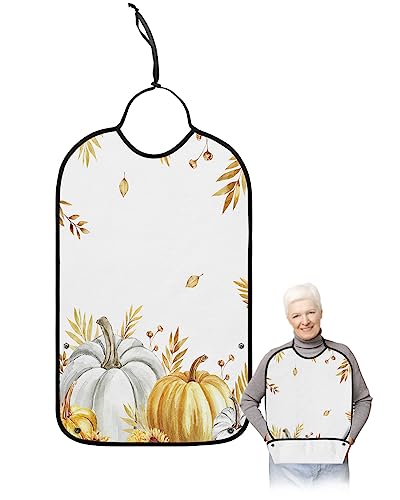 Gold Pumpkins Adult Bib for Eating with Crumb Catcher,Washable & Waterproof Terry Cloth Adjustable Elderly Women Men Adult Bibs Funny Clothing Protector Harvest Fall Thanksgiving Eucalyptus Sunflower