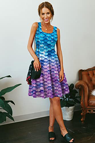 Image of uideazone Women Funny Print Sleeveless U Neck A Line Casual Midi Dress | Soft Stretchy Breathable Fabric Flared Swing Sundress Fitted Waist for Daily Wear 80 /90s Themed Party Beach Vacation Trips