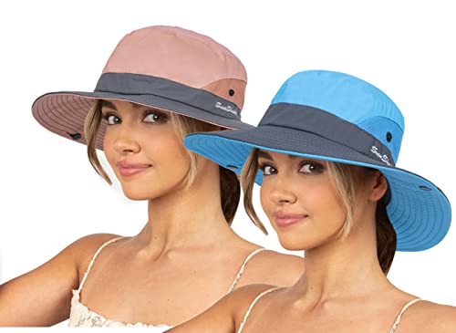 Sun Hat for Women Summer UV Protection Beach Hat Wide Brim Mesh Bucket Fishing Hat with Ponytail Hole Foldable Packable Hat