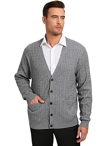 Kallspin Men's Cardigan Sweater Wool Blend Cable Knit V Neck Buttons Cardigan With Pockets(Light Grey, X-Large) #TOP2