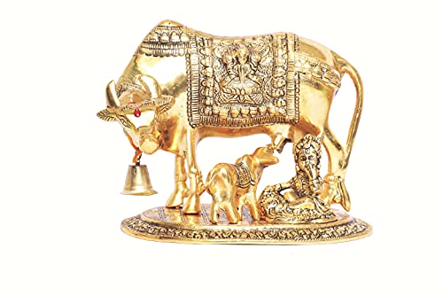 Image of KridayKraft Kamdhenu Cow,Calf with Bal Gopal Krishna Metal Statue for Good Luck,Feng Shui As Table Top Figurine,Vastu,Religious Gau MATA Idol Home,Office&Table
