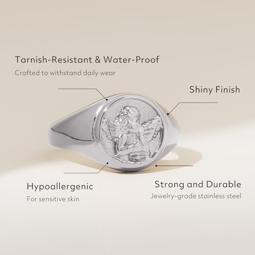 Gold Chunky Signet Stackable Pinky Ring for Women Men, Guardian Angel Cherub, Tarnish-Resistant 18K Gold Plated Stainless Steel Size 3 4 5 6 7 8 9 10 112