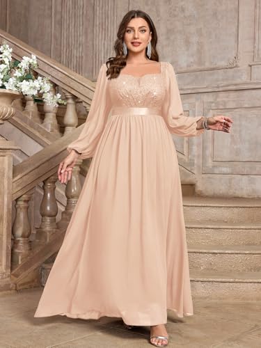 Image of MISSMAY Women's Plus Size Sequin Lace Square V Neck Sheer Long Sleeves Formal Evening Chiffon Long Dress