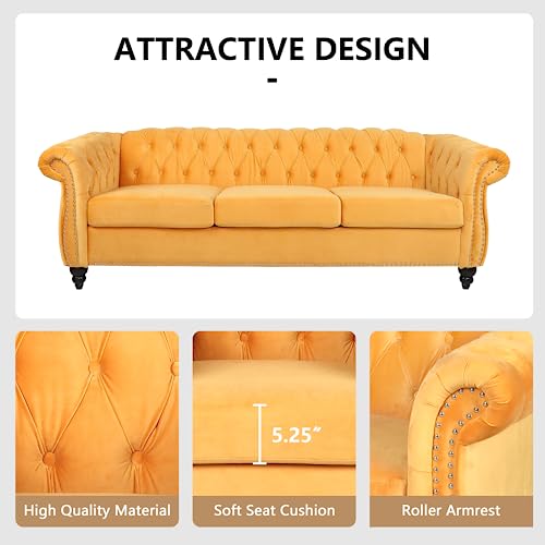 Image of QHITTY Accent Large Sofa, Chesterfield Couch 3 Seater Modern Velvet Couch Upholstered Sofa with Tufted Back for Living Room Furniture (Mango)