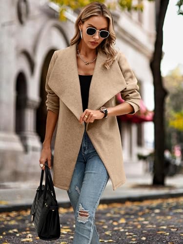 AOVDE Women's Winter Wool Coat: Classic Lapel Collar Jacket - Casual Mid-Long Open Front Blend Overcoat With Belt3