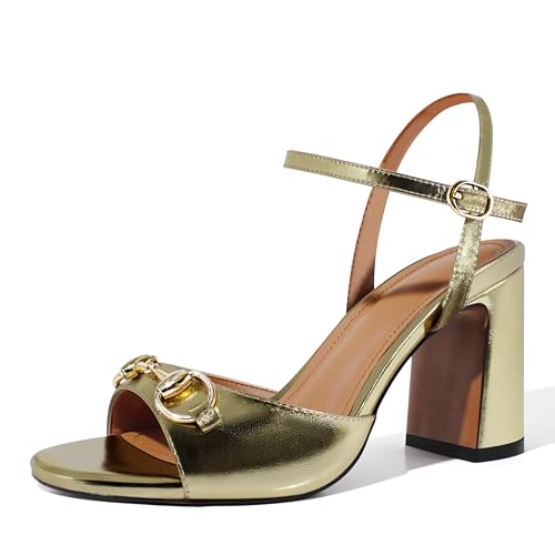 iadore Women Fashion High Block Heel Shoes Strappy with Buckle Fashion Studded Round Open Toe Summer Dress Sandals Size 5-12 US