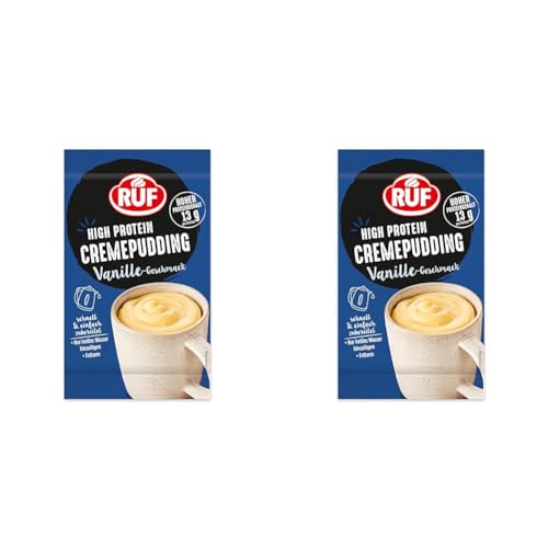 RUF High Protein Cremepudding Vanille-Geschmack, Vanille-Pudding aus der Tasse mit 13g Protein pro Portion, einfache Zubereitung, glutenfrei, 1 x 59g (Packung mit 2)