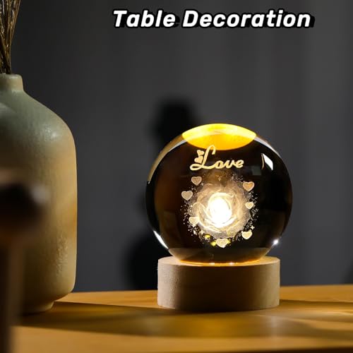 Image of Arikyrist 3D Rose Crystal Ball Gift for Girlfriend, Laser Engraved Rose Flower Glass Sphere Home Decor, Crystal Ball Night Light with Wooden Light Base