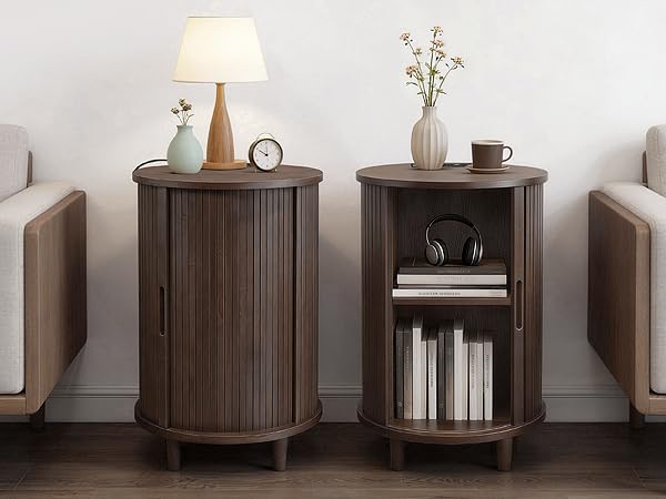 Image of DHH End Table Set of 2 with Storage & Charging Station, Fluted Accent Side Table with Sliding Door & Adjustable Shelf, Mid-Century Nightstand for Small Spaces, Living Room, Bedroom(2, Dark Walnut)