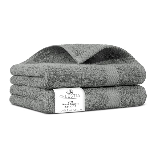 Image of Cotton Hand Towels Set of 2, 16 x 28, Oeko-TEX Certified, Quick Dry, Grey