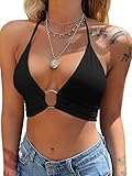 popiv Damen Tiefer V-Ausschnitt Crop Tops Sexy Neckholder Ärmellos Corset Top Einfarbig Wrap Rückenfreies Oberteil mit Metallring