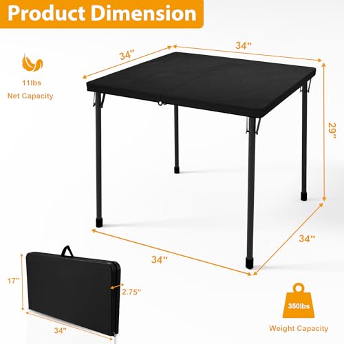 Image of Kasunpul 34 inch Folding Table, Portable Square Folding Card Table with Collapsible Legs & Carrying Handle, Plastic Tables for Camping,Picnic, Office, Party, Black