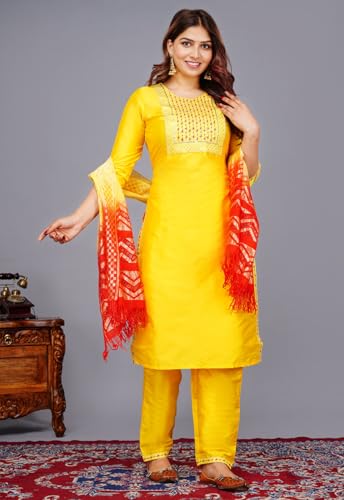 Image of Women's Silk Embroidered Kurta with Pant and Dupatta Set, Straight Style
