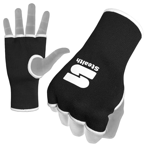 Stealth Sports Boxing Hand Wraps Inner Gloves – Premium Boxing Inner Gloves – Half Finger Boxing Punching Mitts – Elasticated Bandage Wrap Boxing Mitts for Kickboxing, Muay Thai, MMA (S/M), Black
