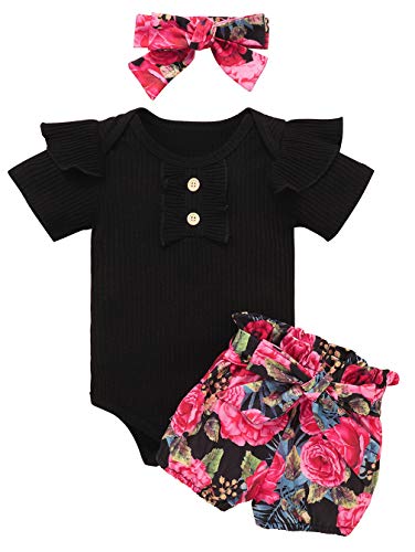 Image of Infant Baby Girls' Bodysuit Shorts and Headband Set, Toddler Short-Sleeved One-Pieces Shorts Pants (Black, 6-12 Months)