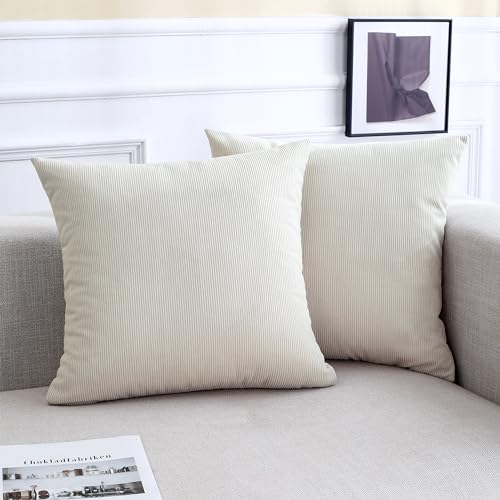 Jepeak Pack of 2 Corduroy Decorative Throw Pillow Covers 22x22 Inch Striped Square Cushion Covers Farmhouse Soft Pillow Cases for Couch Sofa Bed Home Decor, Beige
