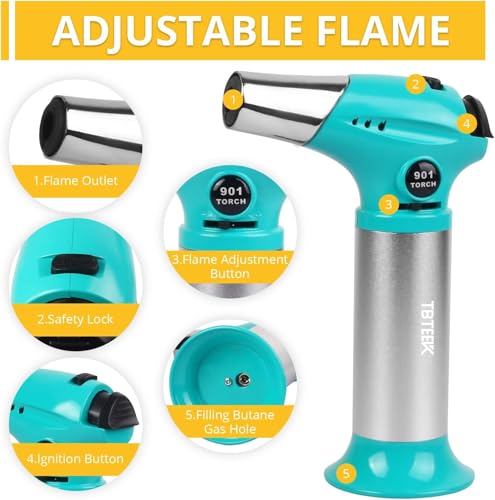 Image of TBTEEK Butane Torch T901, Kitchen Torch Cooking Torch with Safety Lock & Adjustable Flame for Cooking, BBQ, Baking, Brulee, Creme, DIY Soldering(Butane Not Included), Aqua