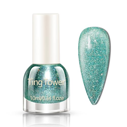 Green Glitter Nail Polish, Nail Varnish Quick Dry, Glitter Nail Polish with Sparkly Shimmer Finish - Long Lasting No UV Lamp Needed Chip Resistant Nail Art Paint for Women DIY Manicure