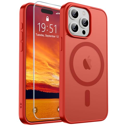 Image of SUPFINE Magnetic for iPhone 15 Pro Case (Compatible with MagSafe) (Military Grade Drop Protection) Slim Translucent Matte Shockproof with Anti-Fingerprint Phone Case,Red