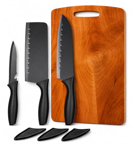 Image of 3 Knife Set with Wooden Chopping Board (4-Pcs) | Stainless Steel Kitchen Knife with Blade Cover and Eco-Friendly Cutting Board Multipurpose for Cut Vegetable, Fruit & Meat | Kitchen Knives Wood Board