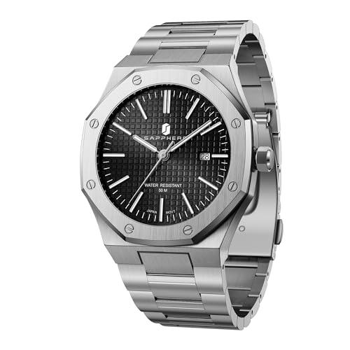 SAPPHERO Uhren Herren Quarzwerk Silber Edelstahl Armband 30M Wasserdicht Datum Kalender Schwarz Blau Herrenuhren Armbanduhr Geschenke für Männer