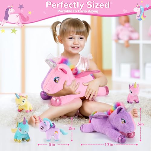 Image of 5 Pieces Unicorn Stuffed Animals - 1 Mommy Stuffed Unicorn with 4 Babies - Unicorns Gifts for Girls Ages 3-8, Unicorns Plush Toys for Christmas, Valentine's, Birthday Gifts (Pink & Purple)